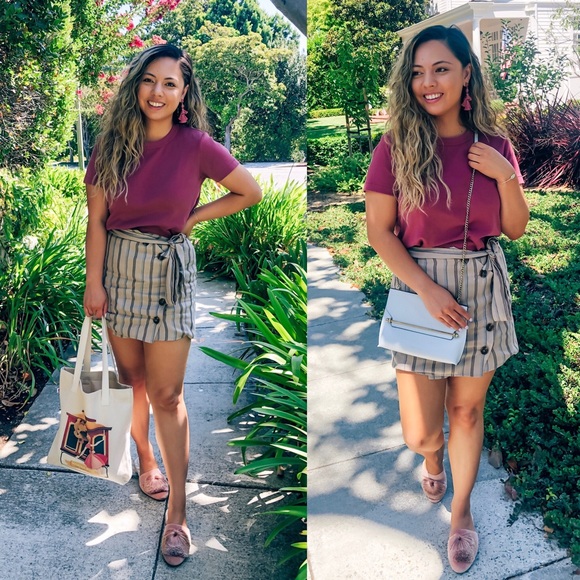 Monika Rose SF Dresses & Skirts - Beige & Blue Striped Button Skirt